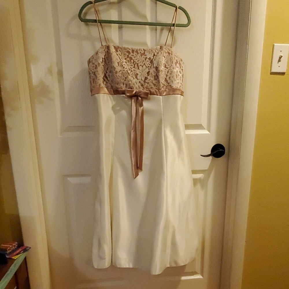 Beautiful dress with lace top and bow.